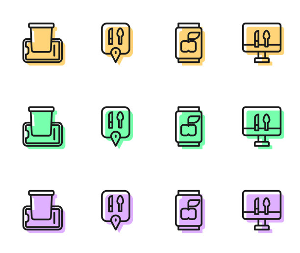 设置线汽水罐，食品订购移动，咖啡馆和餐厅的位置和在线食品图标。向量图片下载