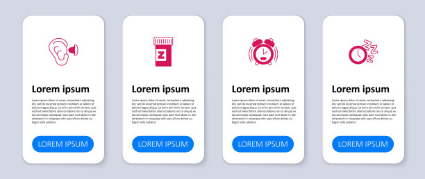 设置闹钟、安眠药、耳塞和耳朵。业务信息模板。向量图片下载