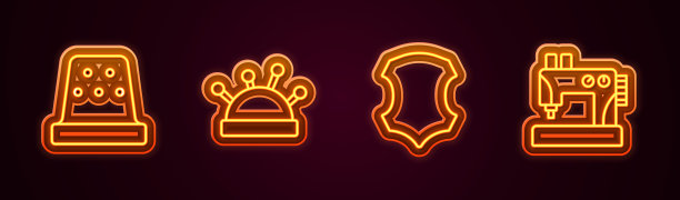 设有缝纫用顶针、针床和针、皮革和缝纫机。发光的霓虹灯图标。向量图片下载