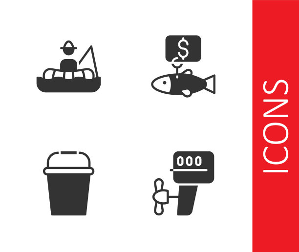 设置船外马达，渔民在，钓鱼桶和价格标签的鱼图标。向量图片下载