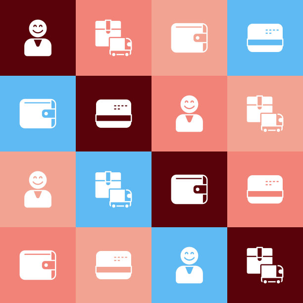设置波普艺术快乐客户，送货卡车，钱包和信用卡图标。向量图片下载