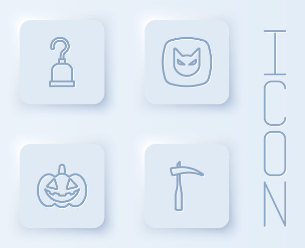 设置线海盗钩，黑猫，南瓜和镰刀。白色正方形按钮。向量图片下载