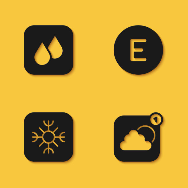 设置水滴，天气预报应用程序，雪花和指南针西部图标与长阴影。向量图片下载