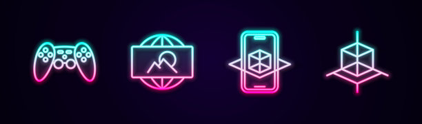 设置线手柄，广角图片，3d建模和。发光的霓虹灯图标。向量图片下载