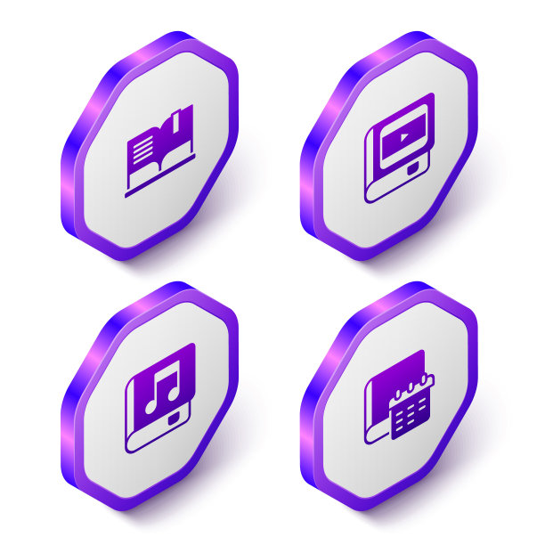 设置等距打开书，书关于电影院，音频和每日纸记事本图标。紫色的六角按钮。向量图片下载