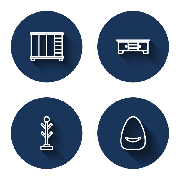 设置线衣柜，电视桌架，大衣和蒲团与长影子。蓝色圆按钮。向量图片下载