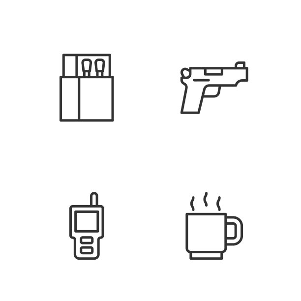 设置线咖啡杯，对讲机，打开火柴盒和火柴和手枪或枪的图标。向量图片下载