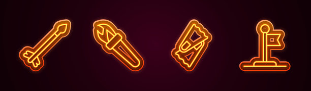 设置线中世纪的箭，火炬火焰，游泳鳍和旗帜。发光的霓虹灯图标。向量图片下载