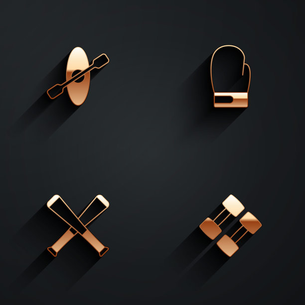 设置皮艇和划桨，拳击手套，交叉棒球棒和哑铃图标与长阴影。向量图片下载