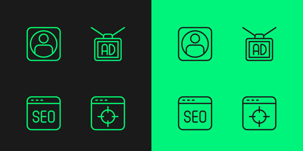 设置行目标财务目标，SEO优化，创建帐户屏幕和广告图标。向量图片下载