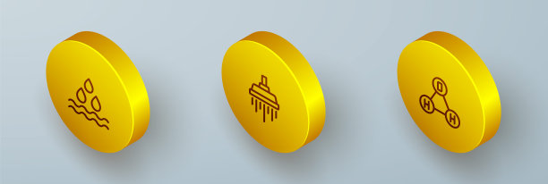 设置等距线水滴，淋浴和化学配方水H2O图标。向量图片下载