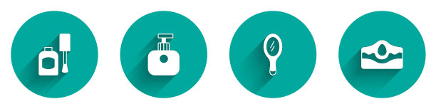 设置一瓶指甲油，管护手霜，手镜和痤疮图标与长阴影。向量图片下载