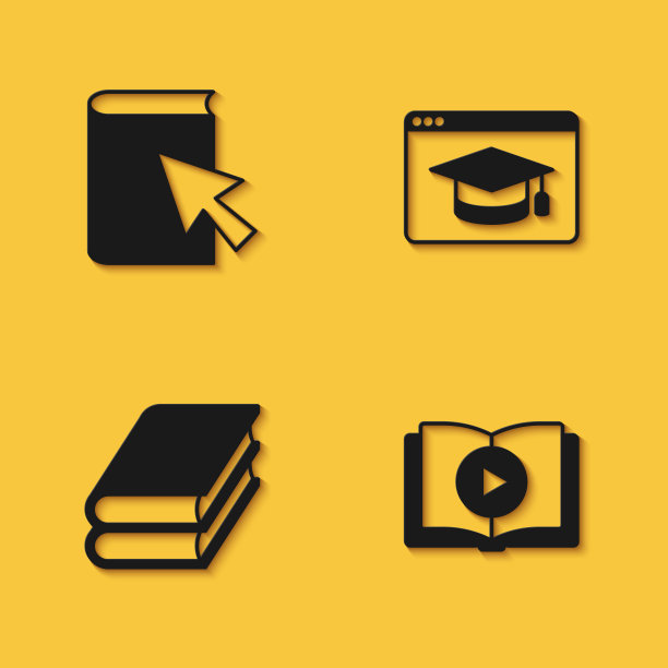 设置在线图书，音频，图书和教育图标与长阴影。向量图片下载