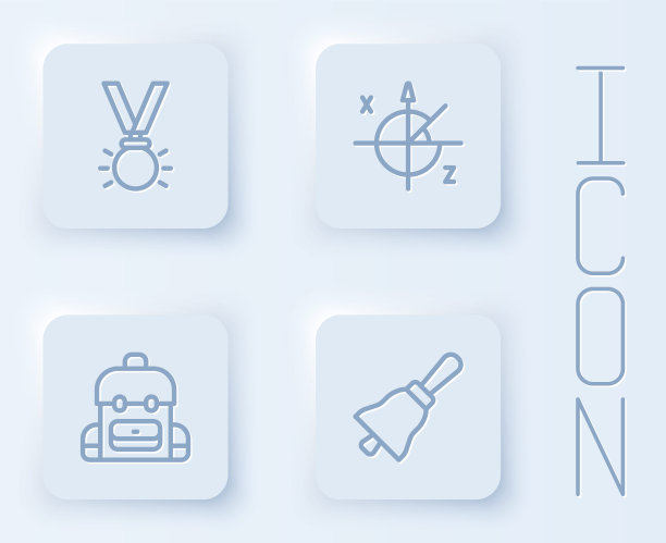 设置线奖牌，三角圈，学校背包和铃声。白色正方形按钮。向量图片下载