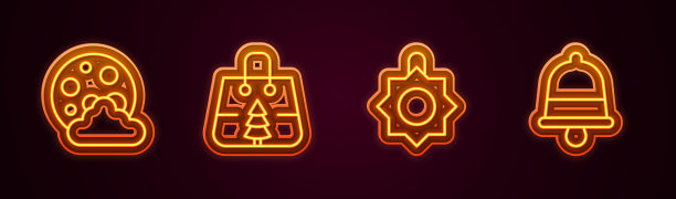 集圣诞夜、购物袋、玩具、铃声于一身。发光的霓虹灯图标。向量图片下载