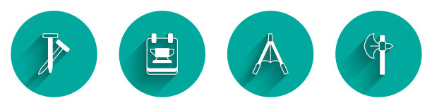 设置金属钉，铁匠砧工具，鼓风机风箱和中世纪斧头图标与长阴影。向量图片下载