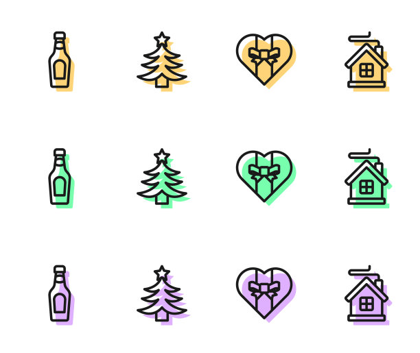 礼盒、香槟酒瓶、圣诞树和欢乐小屋图标矢量图图片下载