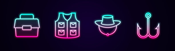 钓鱼用绳箱或盒，钓鱼夹克，渔夫帽和钓钩。发光的霓虹灯图标。向量图片下载