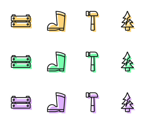 设置线锤，木盒子，防水橡胶靴和树的图标。向量图片下载