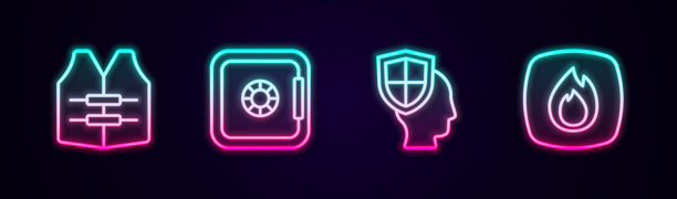 救生衣，安全，保险，有防护和火焰。发光的霓虹灯图标。向量图片下载