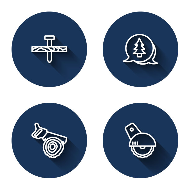 金属钉，树，手锯，原木，电动圆木，阴影长。蓝色圆按钮。向量图片下载