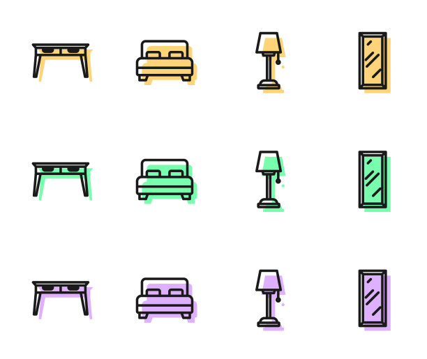 设置线落地灯，办公桌，大床和全长镜子图标。向量图片下载
