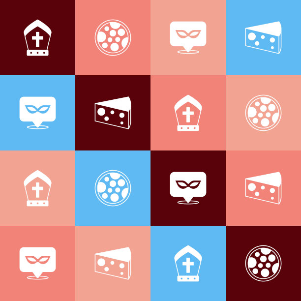 设置波普艺术教皇帽子，披萨，嘉年华面具和奶酪图标。向量图片下载