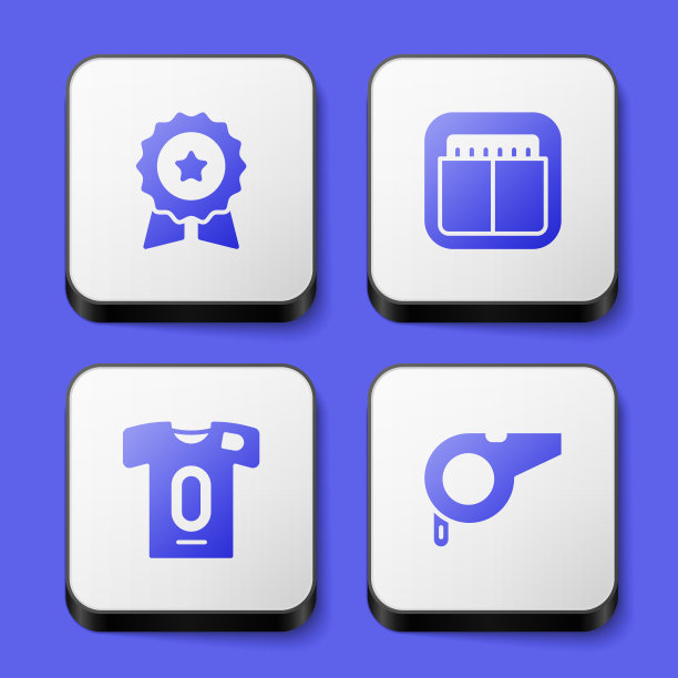 设置奖牌与明星，运动机械记分牌，足球球衣和t恤和哨子图标。白色正方形按钮。向量图片下载