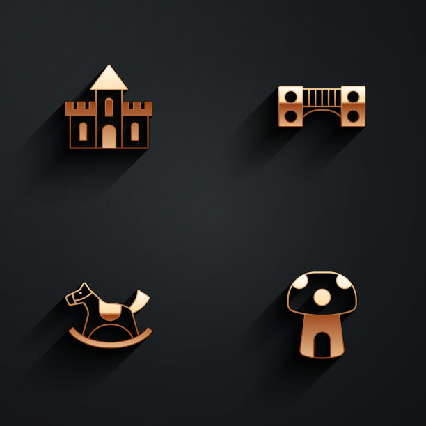 设置沙堡，游乐场儿童桥，马鞍上的马秋千和蘑菇屋图标与长影子。向量图片下载