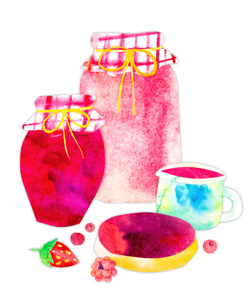 手绘水彩剪纸由夏季浆果和自制产品组成，如果酱罐，水果炖盘，果酱三明治，一杯果汁或茶，草莓和小红莓图片下载