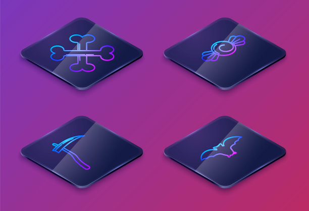 设置等距线交叉的骨头，镰刀，糖果和飞行的蝙蝠。蓝色方块按钮。向量图片下载