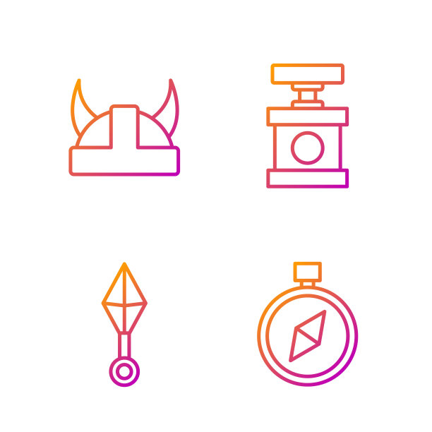 设置线指南针，日本忍者飞镖，海盗在角头盔和处理炸药雷管。渐变颜色图标。向量图片下载