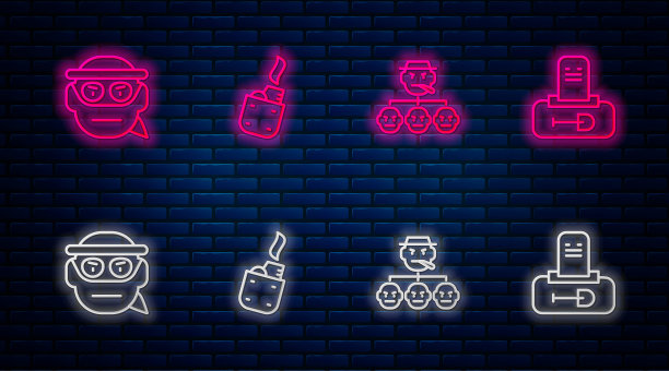 《打火机》、《黑手党》、《土匪》、《墓碑墓》。砖墙上闪烁的霓虹灯图标。向量图片下载