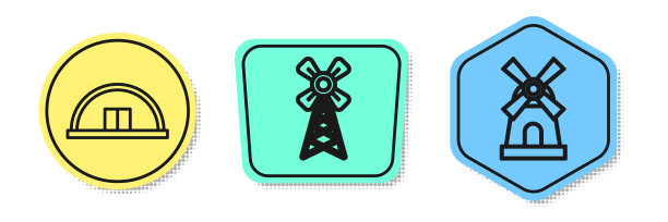 设置线机库，风车和风车。颜色的形状。向量图片下载
