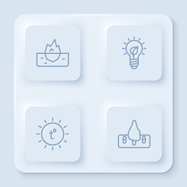 设置冰山线，灯泡与树叶，阳光和森林砍伐。白色正方形按钮。向量图片下载