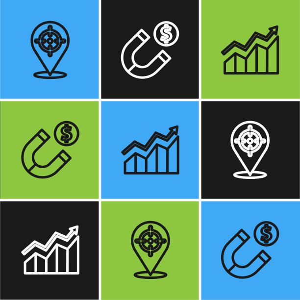 设定目标线，财务增长和磁铁与金钱图标。向量图片下载