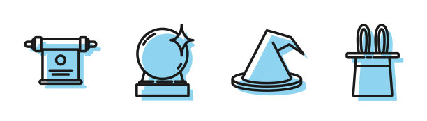 设置线女巫帽子，魔术卷轴，魔术球和魔术师帽子和兔子耳朵图标。向量图片下载