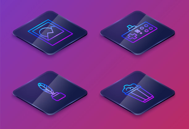 设置等角线相框，羽毛和墨水瓶，手柄和爆米花在纸箱。蓝色方块按钮。向量图片下载