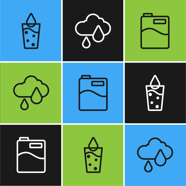 设置线玻璃与水，大瓶清洁和云雨图标。向量图片下载