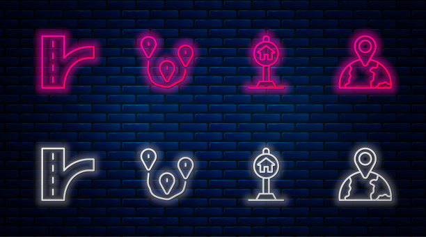 设置线路路线位置，酒店标志为交通，道路和全球位置。砖墙上闪烁的霓虹灯图标。向量图片下载