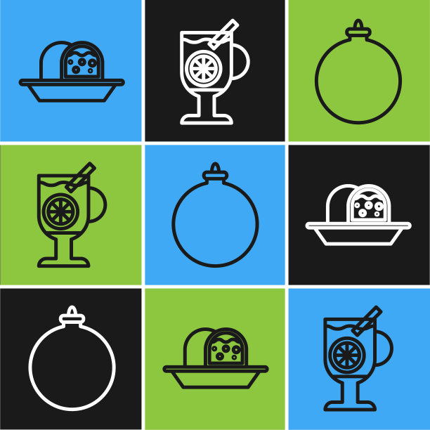 设置线杏仁蛋糕海绵蛋糕，圣诞球和热葡萄酒与杯饮料图标。向量图片下载