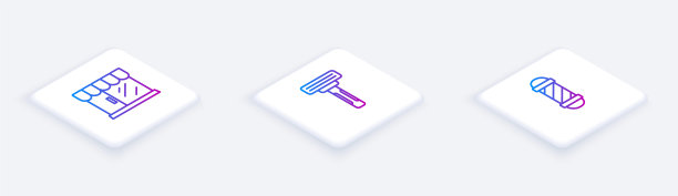 设置等距线理发店大楼，剃须刀和经典杆。白色正方形按钮。向量图片下载