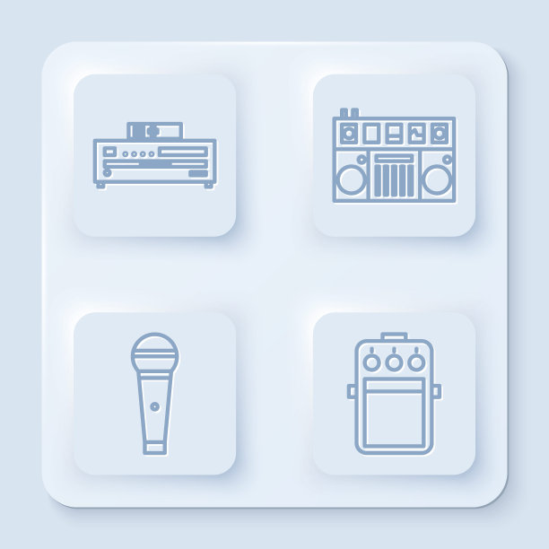 设置线音乐CD播放器，DJ遥控器播放和混合音乐，麦克风和吉他踏板。白色正方形按钮。向量图片下载