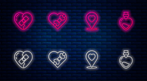 设置线糖果在心形盒，位置与，愈合破碎和瓶子爱情药水。砖墙上闪烁的霓虹灯图标。向量图片下载