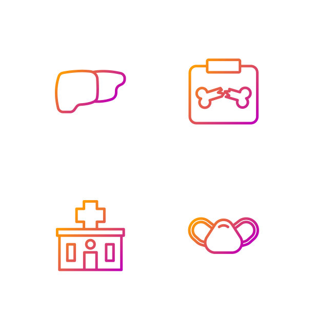 提供医用防护口罩、医院建筑、人体器官、肝脏及骨折x光片。渐变颜色图标。向量图片下载