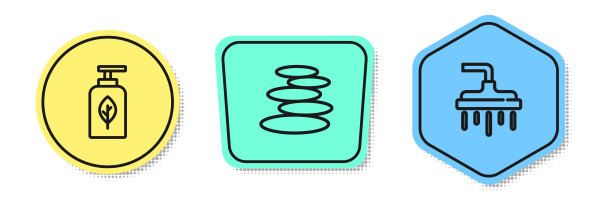 设置精油瓶，堆热石头和淋浴喷头。颜色的形状。向量图片下载