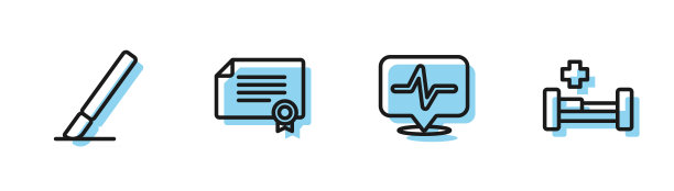 设置线心率，外科手术刀，证书模板和医院病床图标。向量图片下载