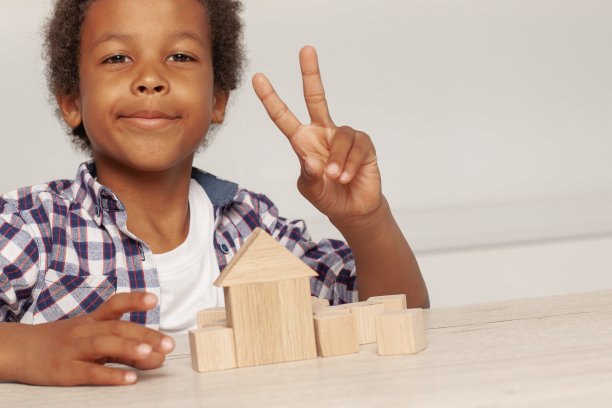 快乐的小男孩玩着，用木块盖房子图片下载