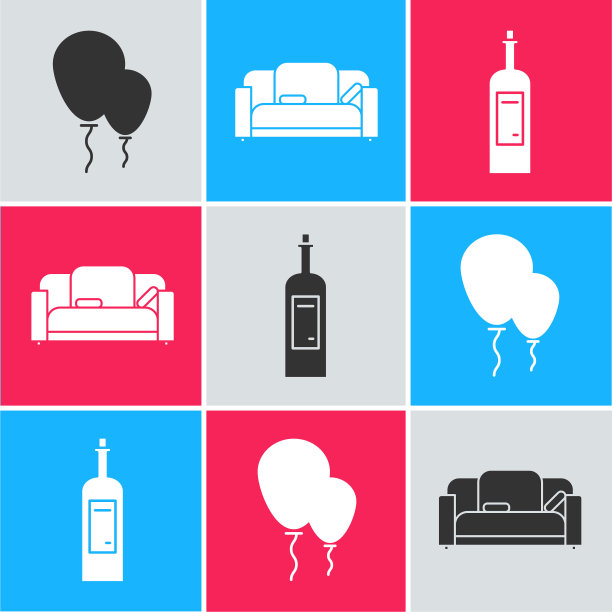 设置气球与丝带，沙发和葡萄酒图标。向量图片下载