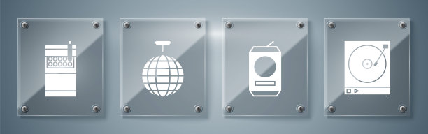 将黑胶播放机与黑胶唱片，啤酒罐，迪斯科球和打开香烟包装盒。方形玻璃面板。向量图片下载